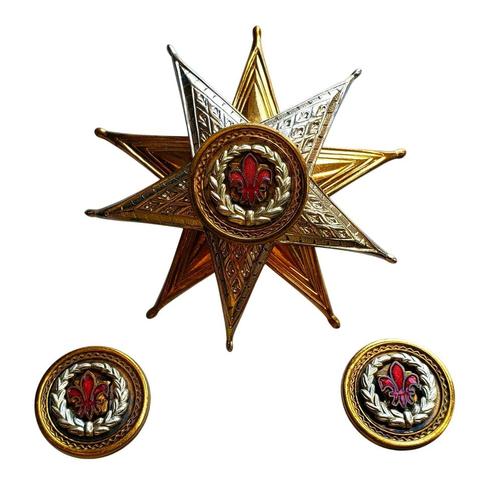 Star Brooch Pendant Clip Earrings Gold Silver Tone Red Enamel Pin Fleur de Lis